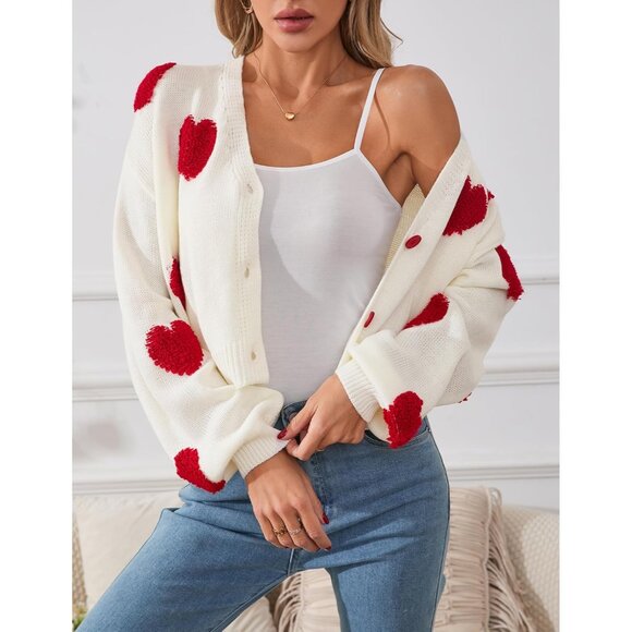 Women’s Cropped Heart Cardigan Lightweight V-Neck Button Spring Fall - Picture 5 of 7